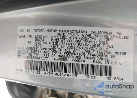 2005 Toyota Tacoma Prerunner V6 z USA, uszkodzony, nr VIN 5TEJU62N35Z047177